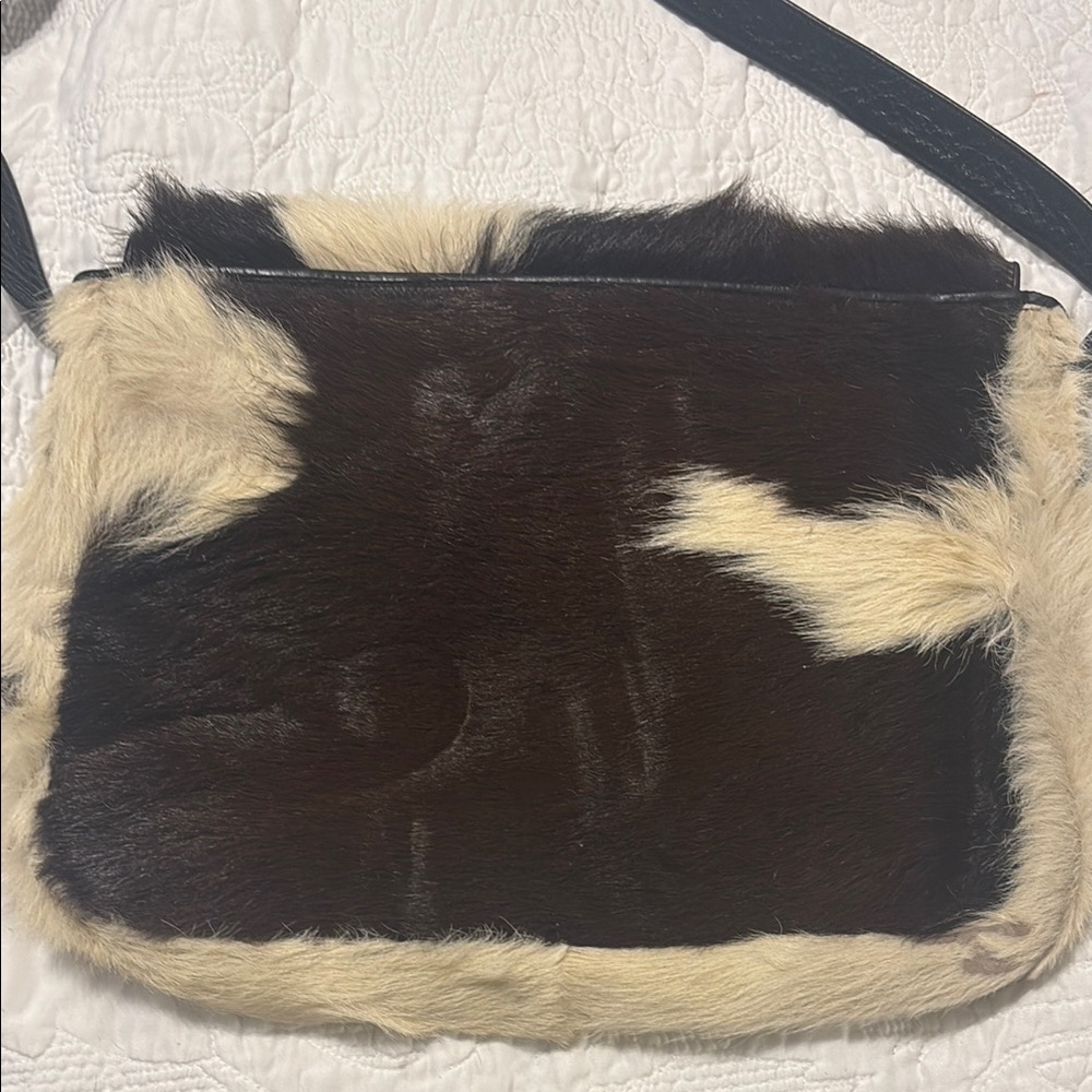 Dark brown and cream cowhide &leather bag upcycled patch & turquoise studs. - Picture 5 of 14